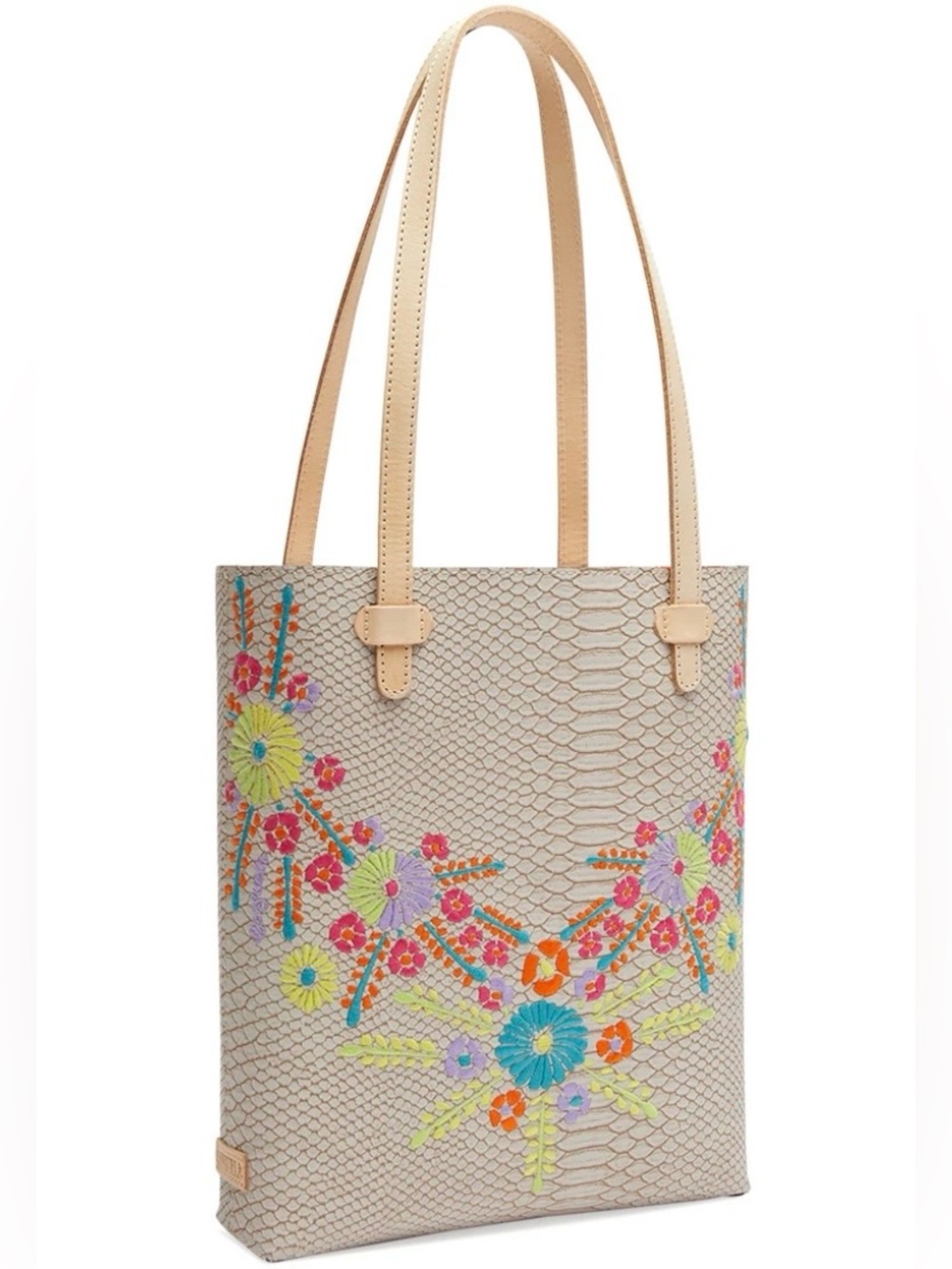 Consuela Songbird Snakeskin Everyday Tote with Colorful Floral Embroidery
